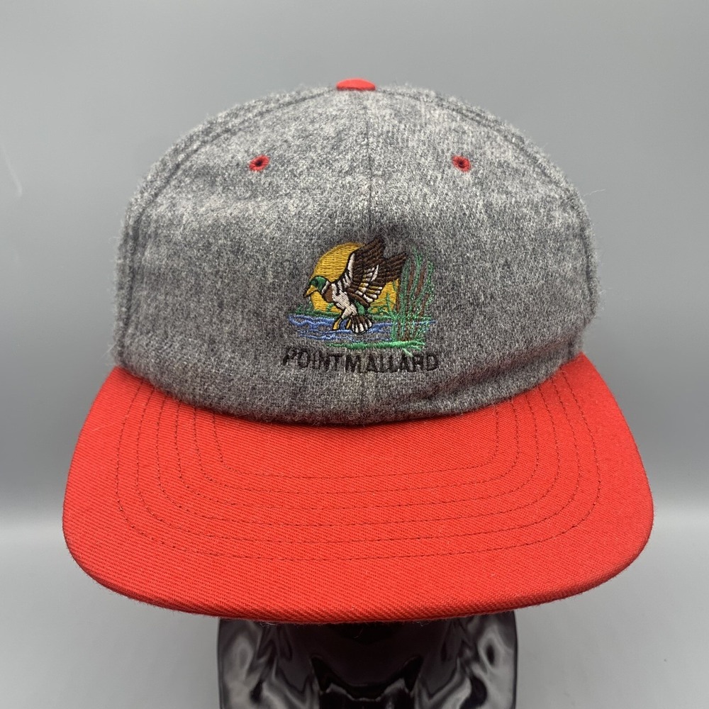 Vintage SKM Point Mallard Duck Embroidered Snapback Hat Gray Red Wool USA Made